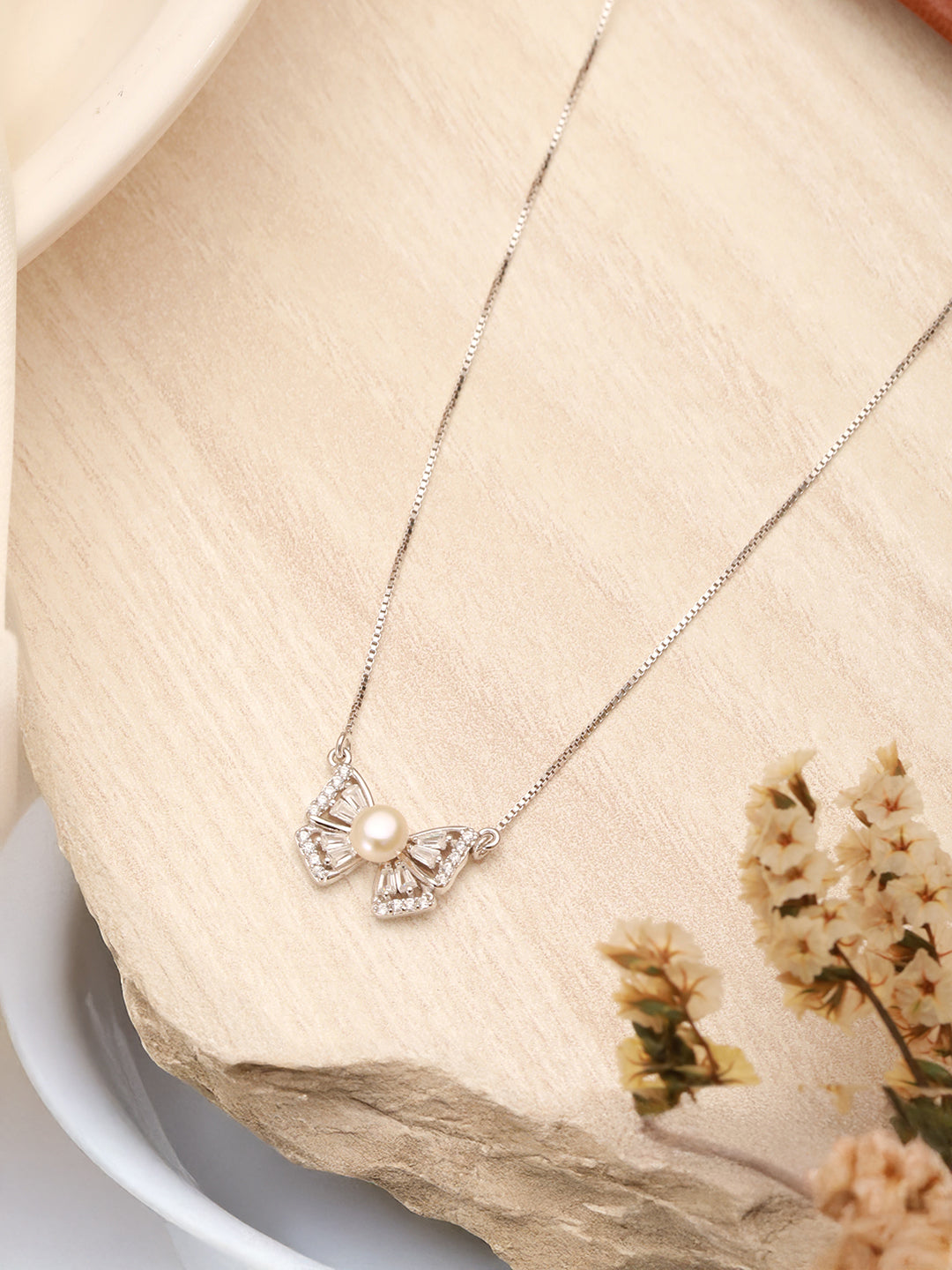 925 Sterling Silver Rhodium Plated Zircon & Pearl  Bow Shaped Pendant Necklace & Chain